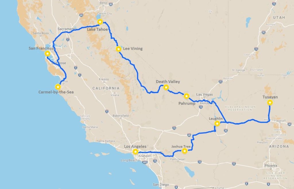 Our American road trip route map