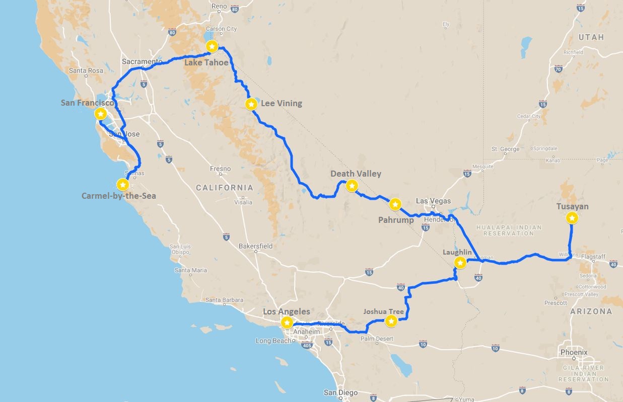 Our American road trip route map